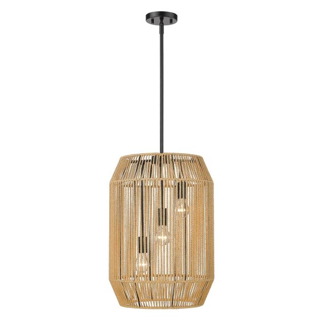 Golden Lighting 6076-3P BLK-NR Marlee 3 Light 15 inch Pendant in Matte Black with Natural Raphia Rope Shade